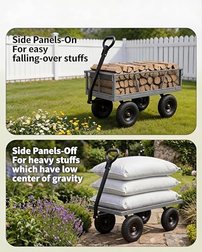 GarveeTech 1200LBS Heavy Duty Steel Garden Cart, Garden Wagon Cart on Wheels, Metal Yard Utility Wagon with Removable Mesh Sides, 13" All Terrain Tires, 180° Rotating Handle for Lawn, Garden, Farm - color: Gray