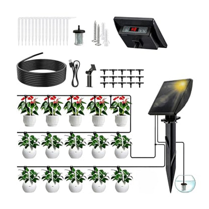 49FT Solar Drip Irrigation System, Automatic Watering Irrigation Kit for 15 Potted Plants, Auto DIY Watering System Plant Water Devices with Timer for Greenhouse Balcony Indoor Outdoor