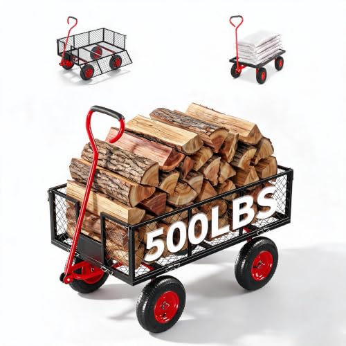 Garvee Steel Garden Cart Wagon,500 Lbs Wheelbarrow Yard Cart-Black&Red - color: Black Red, size: 500lbs