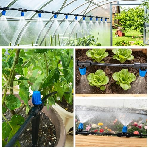 Riboud 110FT Drip Irrigation Kit, Quick-Connect Garden Watering System with 20 Adjustable Misting Nozzles for Garden Greenhouse, Hanging Plants, Raised Beds - size: 110FT