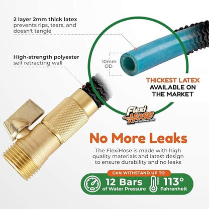 Flexi Hose with 8 Function Nozzle, 75FT - Lightweight Expandable Garden Hose, No-Kink Flexibility, 3/4 Inch Solid Brass Fittings and Double Latex Core - size: 75ft