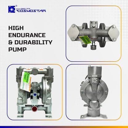 COSMOSTAR D0906 1" Double Air Diaphragm Pump - Aluminum Body, Teflon Ball, Seat and Diaphragm With Muffler - Chemical, Waste Oil, Pneumatic Oil Pump - size: D0906 1" Aluminum