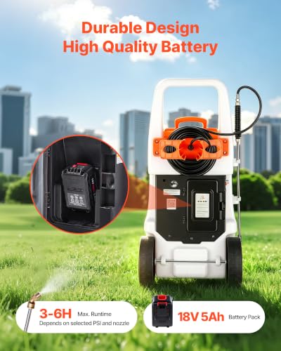 VEVOR 13.1 Gallon Battery Powered Sprayer with Wheels, Adjustable 0-80 PSI, 5 Nozzles and 98ft Hose Included, Orange - size: 13.1 Gal