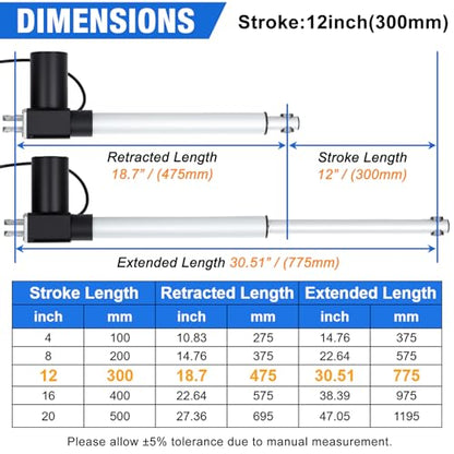 JQDML 12 Inch Stroke 1700 lbs Heavy Duty Linear Actuator 12V - size: 12"