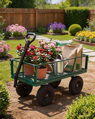GarveeTech 1200LBS Heavy Duty Steel Garden Cart, Garden Wagon Cart on Wheels, Metal Yard Utility Wagon with Removable Mesh Sides, 13" All Terrain Tires, 180° Rotating Handle for Lawn, Garden, Farm - color: Green