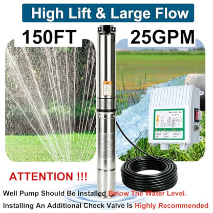 Deep Well Submersible Pump, 1HP 110V Deep Well Pump Stainless Steel with Control Box and 50FT Power Cord, 25GPM 150FT Lift,Heavy Duty Water Pumps for Industrial, Irrigation & Home Use - size: 1/2HP-110V+Control Box