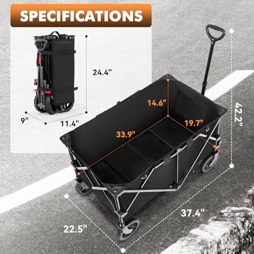 Hikenture Wagons Carts Foldable 330LBS, Heavy Duty Collapsible Wagon - color: Black, size: 7 cu ft / 200 L