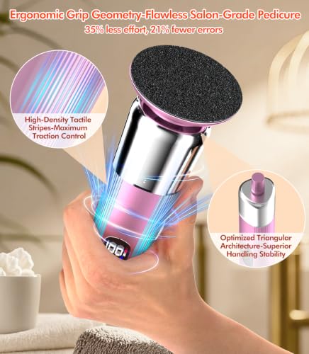 5-in-1 Electric Foot Callus Remover,Portable Callus Remover for Feet【Ergonomic Triangular Grip - 45% Less Slippage】【Optimal RPM Combination】 Display & LED Lights-Foot Callus Remover with 30 Grit Pads - color: Pink