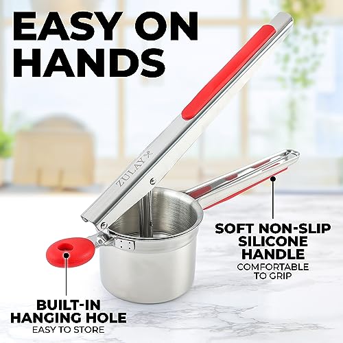 Zulay Kitchen Premium Large 15oz Potato Ricer, Heavy Duty Professional Stainless Steel Potato Masher and Ricer Kitchen Tool, Press and Mash Kitchen Gadget - Red and Silver - color: Red & Silver, size: Three Discs