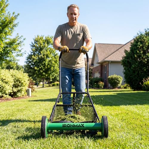 IRONMAX 18 Inch 5-Blade Push Reel Mower, Removable Grass Catcher, Green - color: Green, size: 18 Inch