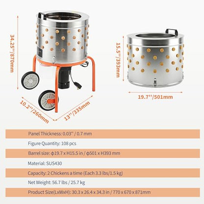 Chicken Plucker Machine, 20 inch Drum Stainless Steel Poultry Plucker - color: Orange