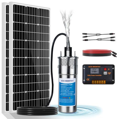 ECO-WORTHY 200W Solar Well Pump Kit, 12V Stainless Steel Deep Well Solar Pump, 2pcs Solar Panels with Controller and Cable for Off-grid Living, Irrigation, Farm, Delivered in Multiple Packages - style: 12V 230FT 3.2GPM Kit