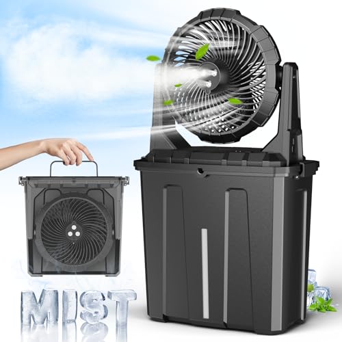 Ausic 9L Bucket Portable Misting Fan for Outdoors Patios, 30000mAh Rechargeable Battery Operated Camping Fan, 3 Strong Winds, 3 Large Spray Outlets, for Fishing/Travel/Garden Party/Golf/Tent/Office - color: Black, size: 30000mAh