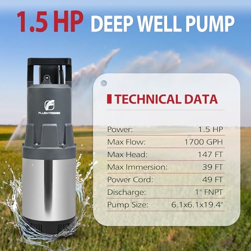 FLUENTPOWER Deep Well Submersible Water Pump, 1.5HP 1700GPH, 147' Head, Automatic On/Off Water Pump with 49ft Cord, Stainless Steel, for Garden Home Watering and Farmland Irrigation - size: 1.5HP Deep Well