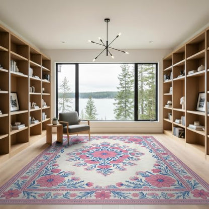 9'x12' Pink Toile Motif Way Flower Chinoiserie Washable Area Rug - color: Pink/Pattern 17, size: 9' x 12' (Rectangular)