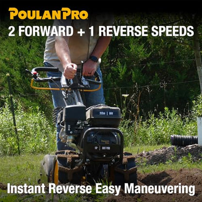Poulan Pro Dual Direction Rear Tine Tiller, 212cc 4 Cycle Gas Engine, Full Gear Transmission, Dual Rotating Tines, Airless Tires, Instant Reverse 18 Inch Gas Tiller for Gardon and Farm