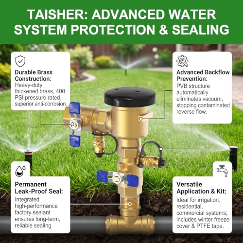 TAISHER 1" Heavy-Duty Brass Pressure Vacuum Breaker- 400 PSI Max Backflow Prevention Valve for Irrigation Systems & Commercial Water with Insulated Freeze Protection Cover Kit - size: 1"FNPT