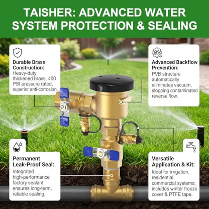 TAISHER 1" Heavy-Duty Brass Pressure Vacuum Breaker- 400 PSI Max Backflow Prevention Valve for Irrigation Systems & Commercial Water with Insulated Freeze Protection Cover Kit - size: 1"FNPT