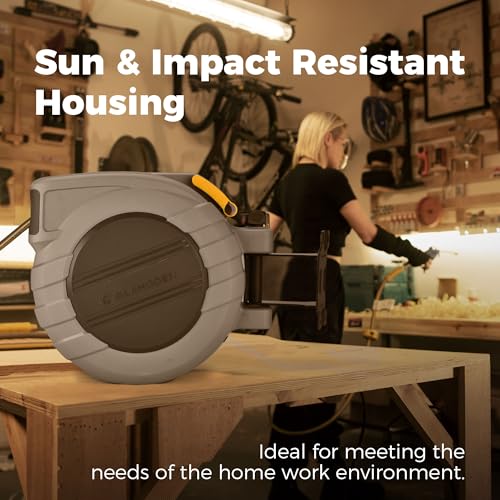 GLAHODEN Retractable Air Hose Reel, 3/8 in x 115 Ft Hybrid Hose Air Compressor Hose Reel with 6 Ft Lead in Max 300 PSI Patented Design for Any Length Lock 180°Swivel Bracket Quick Coupler - size: 3/8 inch 115 ft