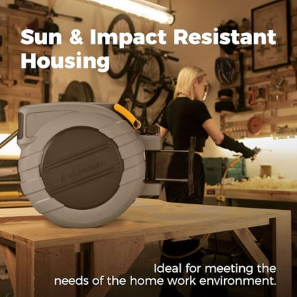 GLAHODEN Retractable Air Hose Reel, 3/8 in x 115 Ft Hybrid Hose Air Compressor Hose Reel with 6 Ft Lead in Max 300 PSI Patented Design for Any Length Lock 180°Swivel Bracket Quick Coupler - size: 3/8 inch 115 ft