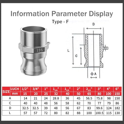 316 Stainless Steel 1" Camlock Fitting,Male & Female Thread - size: Cam lock 1" Type D + Type F