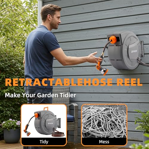 Retractable Garden Hose Reel, 1/2 inch x 65 ft Water Hose Reel Wall Mounted, Any Length Lock, Slow Auto-Rewind, 180°Swivel Bracket & 10 Pattern Nozzle - size: 1/2'' 65FT