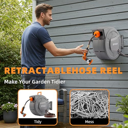 Retractable Garden Hose Reel, 1/2 inch x 65 ft Water Hose Reel Wall Mounted, Any Length Lock, Slow Auto-Rewind, 180°Swivel Bracket & 10 Pattern Nozzle - size: 1/2'' 65FT