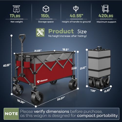 HIKEMOON 150L Collapsible Wagon Compact, Big Wheels, 420LBS Red & Grey - color: Red & Grey