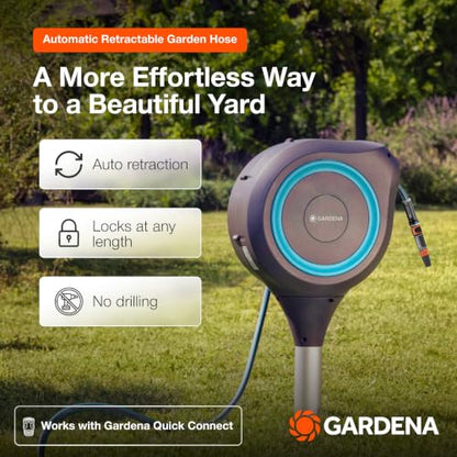 GARDENA Automatic Retractable Garden Hose Reel - 50 Feet - 360 Degree Swivel Outdoor Hose Reel with Metal Spike Base - Auto Retract - UV Resistant Housing - Easy Install No Tools Required - 18604 - size: 50 ft