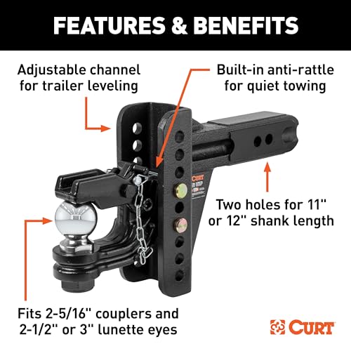 CURT 45908 Adjustable Ball and Pintle Channel Mount, 2-1/2" Shank, 20K