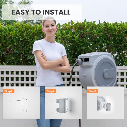 Giraffe Tools Retractable Garden Hose Reel 5/8" 90FT Wall Mount Light Grey - color: Light Grey, size: 5/8'' 90FT