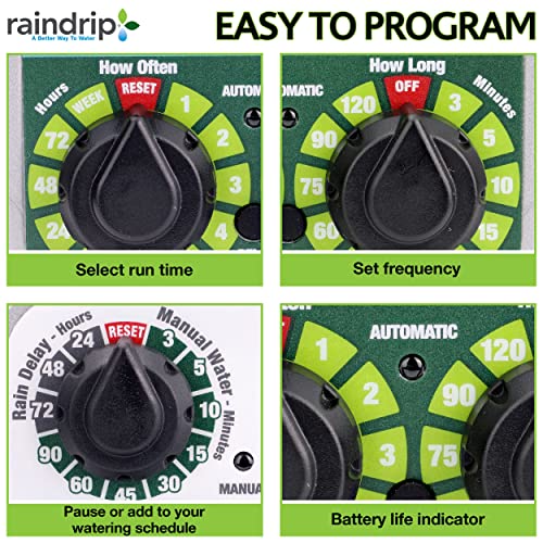 Raindrip R675CT Analog 3-Dial Water, Sprinkler Timer with Rain Delay for Drip Irrigation, Garden, Self-Watering - style: Analog
