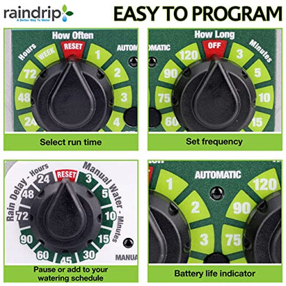 Raindrip R675CT Analog 3-Dial Water, Sprinkler Timer with Rain Delay for Drip Irrigation, Garden, Self-Watering - style: Analog