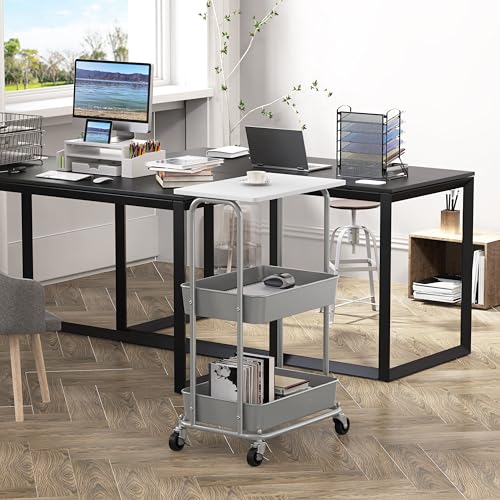 Simple Houseware 2-Tier Rolling Utility Cart Wood Top/Lockable Wheel, White - color: White