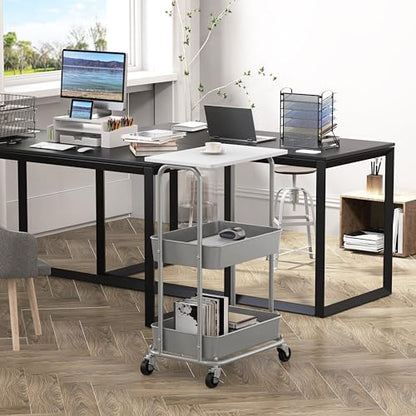 Simple Houseware 2-Tier Rolling Utility Cart Wood Top/Lockable Wheel, White - color: White