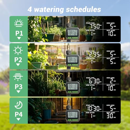 Sprinkler Timer for Garden Hose, Programmable Water Timer with 4 Custom Plans, Rain Delay & 2-Way Splitter, Digital Automatic Watering System for Yard, Lawn, Irrigation