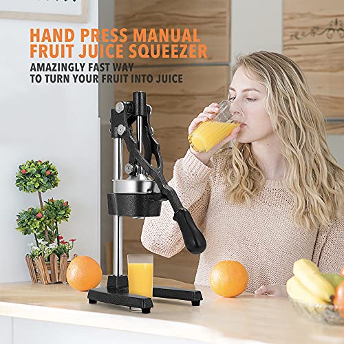 19 Inch Height Extra Tall Commercial Heavy Duty Cast Iron Hand Press Manual Orange Citrus Lemon Lime Grapefruit Pomegranate Fruit Juice Squeezer Machine with Stainless Steel Cup Black - color: Black, size: 19 Inch