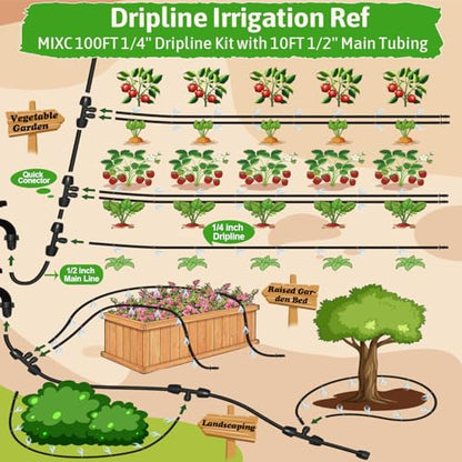 MIXC 1/4" Irrigation Dripline Tubing Kit (100 Ft) with 10Ft 1/2" Main Line