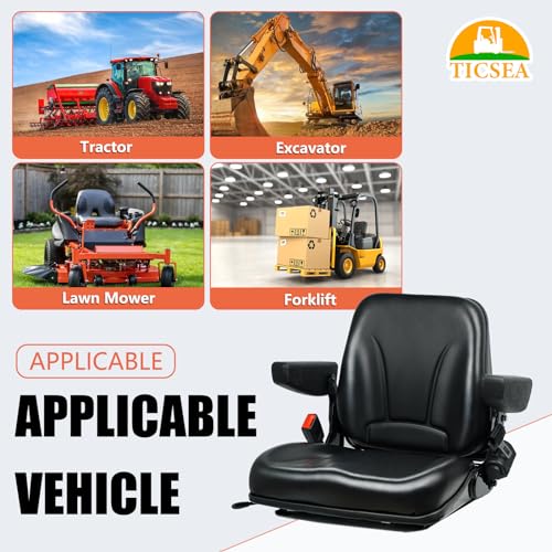 Universal Forklift Seat, Fold Down Tractor with Armrest, Retractable Safety Belt and Micro Switch for Excavator, Skid Loader, Backhoe, Dozer, Telehandler