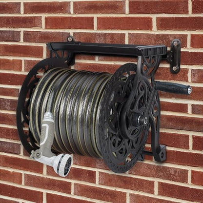 Metal Wall Mount Garden Hose Reel for Outside, Holds 125 ft x 5/8'' Hose Storage, Decorative Heavy Duty Water Hose Holder Aluminum Frame, No-Leak Aluminum Water System, Easy Assmbly, Dark Bronze