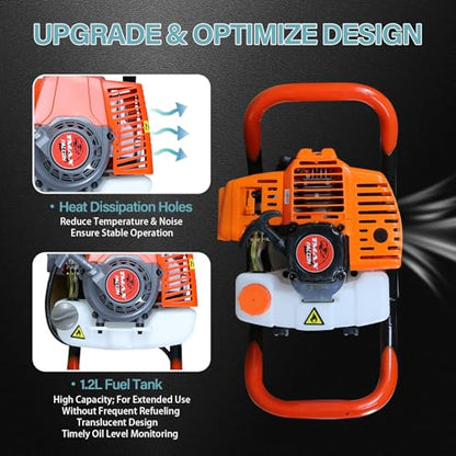 Gas Post Hole Digger 62cc, One Man Earth Auger Powerhead with 3 Bits