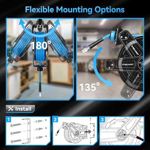 Relhost Retractable Air Hose Reel, 65 ft x 3/8 in Hybrid Air Hose Max 300PSI, Heavy Duty Air Compressor Hose Reel with Dual Arms, Auto Rewind, 180° Swivel Ceiling/Wall Mount for Garages, Workshops - size: 65FT 180° Swivel