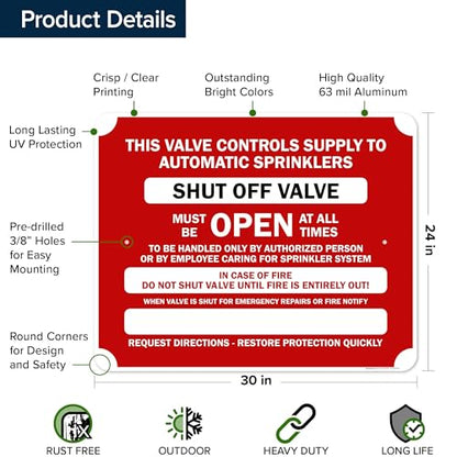 This Valve Controls Supply To Automatic Sprinklers Shut Off Valve Sign, 24x30 Inches, Rust Free .063 Aluminum, Fade Resistant, Made in USA by My Sign Center - size: 24x30 Aluminum