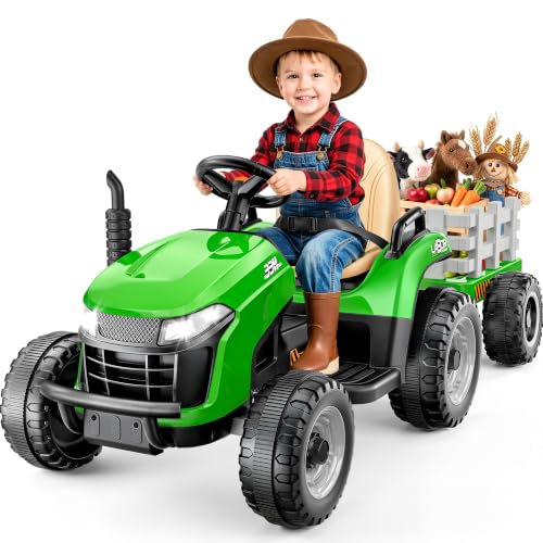ARBELI 12V 7AH Kids Ride On Tractor w/Trailer & Remote Control, Green - color: Green