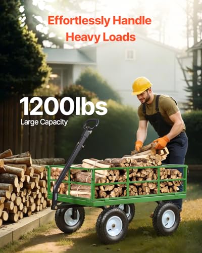 VEVOR Steel Garden Cart, 1200 lbs Heavy Duty Pullable Garden Wagon Yard Cart, 2 in 1 Outdoor Metal Utility Wagon Yard Trailer with 13" All Terrain Tires, Mesh Detachable Sides and 180° Rotating Handle - color: Black + Green