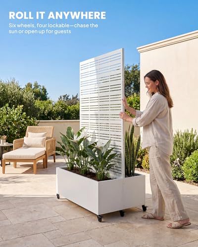 Louvered Privacy Planter Box with Trellis, Patio Balcony - White - color: Dual Planter Box - Matte White