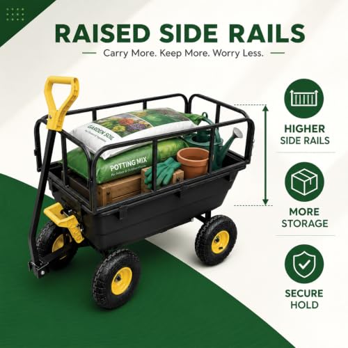 BorealBear Heavy-Duty Garden Dump Cart with Removable Side Rails, 4-Wheel