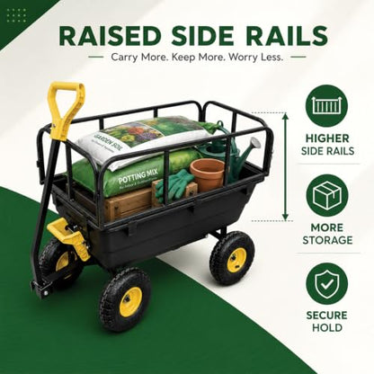 BorealBear Heavy-Duty Garden Dump Cart with Removable Side Rails, 4-Wheel