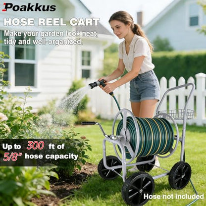 Hose Reel Cart, 300FT of 5/8’’ Hose, Heavy-Duty Water Hose Cart with 4 Wheels, Storage Basket, Portable Water Hose Organizer for Outside Yard, Outdoor Planting Tool (Sliver) - size: 300FT