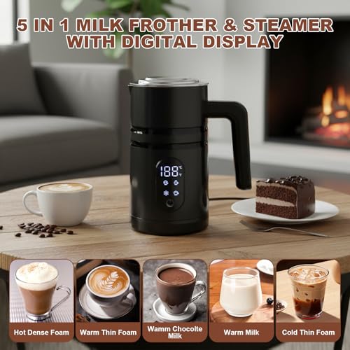 4 in 1 Electric Milk Frother, Hot & Cold Foam Maker, Digital Display, Black - color: Black-A